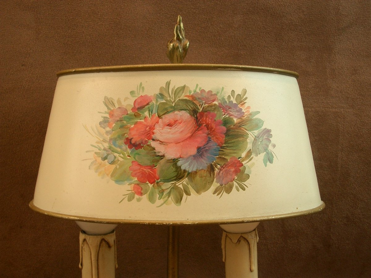 Antique Hot Water Bottle Lamp, Painted Sheet Metal Lampshade With Floral Decor-photo-2
