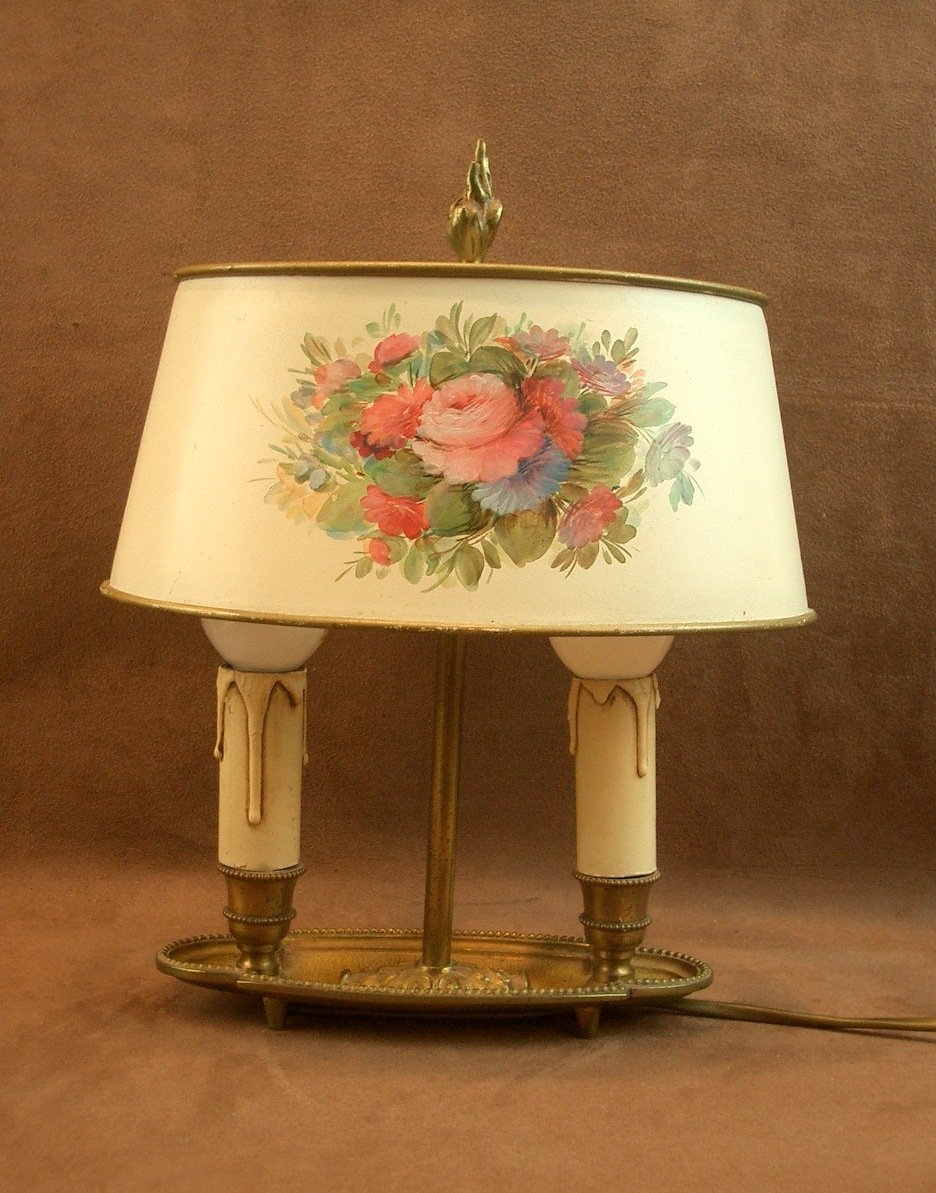 Antique Hot Water Bottle Lamp, Painted Sheet Metal Lampshade With Floral Decor-photo-4