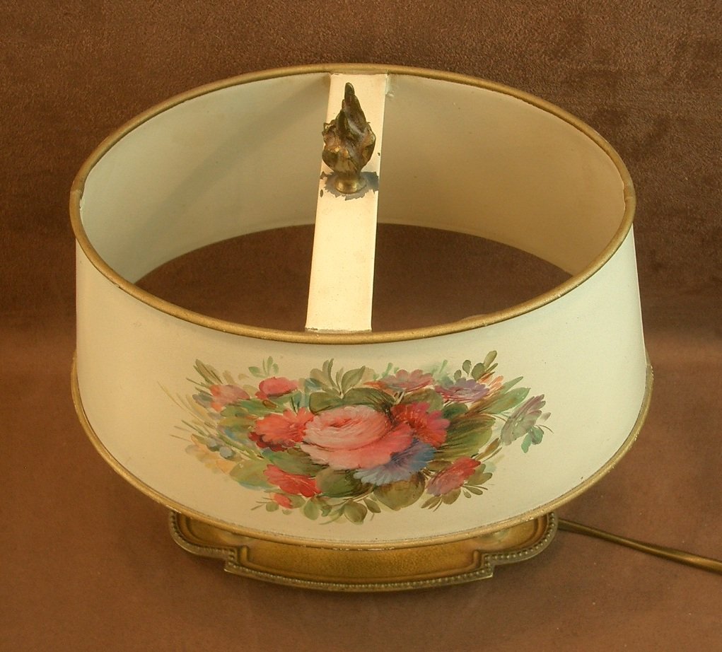 Antique Hot Water Bottle Lamp, Painted Sheet Metal Lampshade With Floral Decor-photo-5
