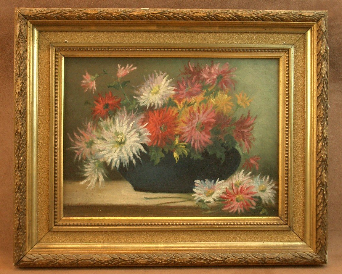 Oil On Canvas Painting Still Life With Bouquet Of Dahlias, Late 19th, Early 20th Century-photo-2