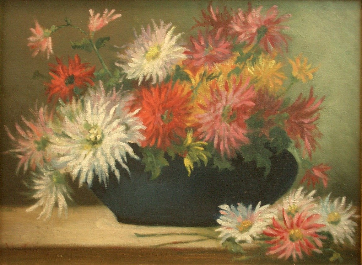 Oil On Canvas Painting Still Life With Bouquet Of Dahlias, Late 19th, Early 20th Century-photo-4