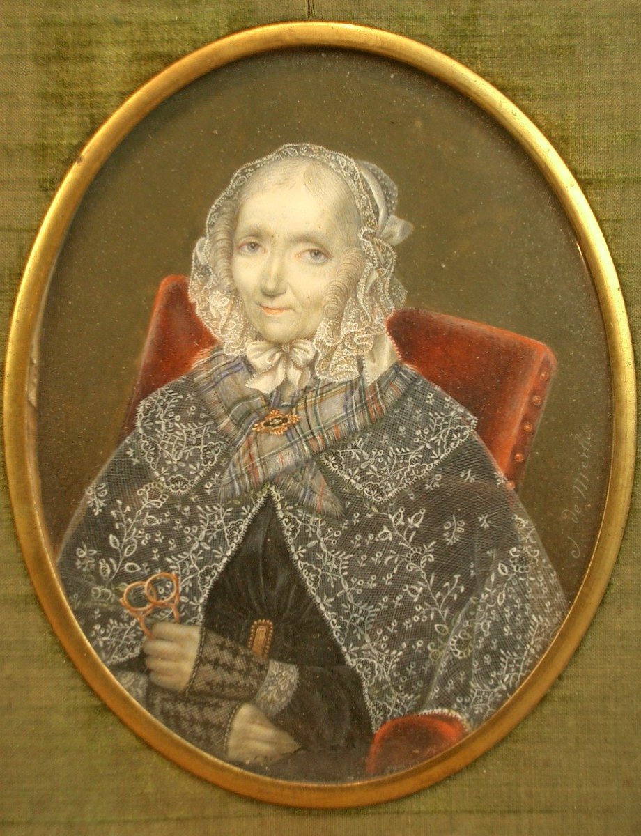 Grande Peinture Miniature Du Milieu Du XIXe Siècle Portrait De Dame Signée -photo-3