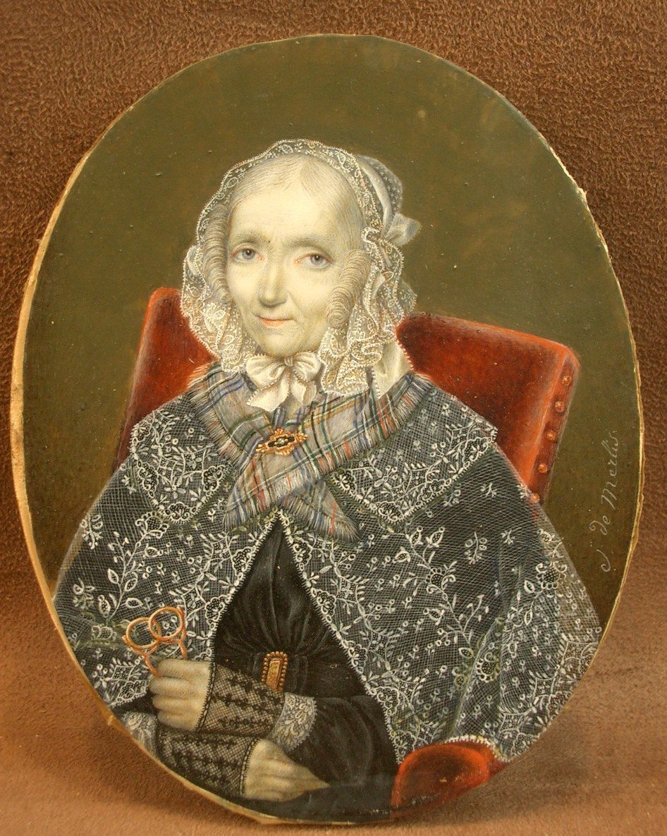 Grande Peinture Miniature Du Milieu Du XIXe Siècle Portrait De Dame Signée -photo-3