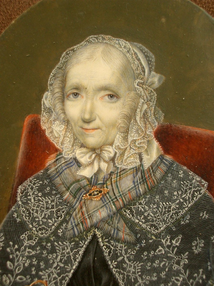 Grande Peinture Miniature Du Milieu Du XIXe Siècle Portrait De Dame Signée -photo-4