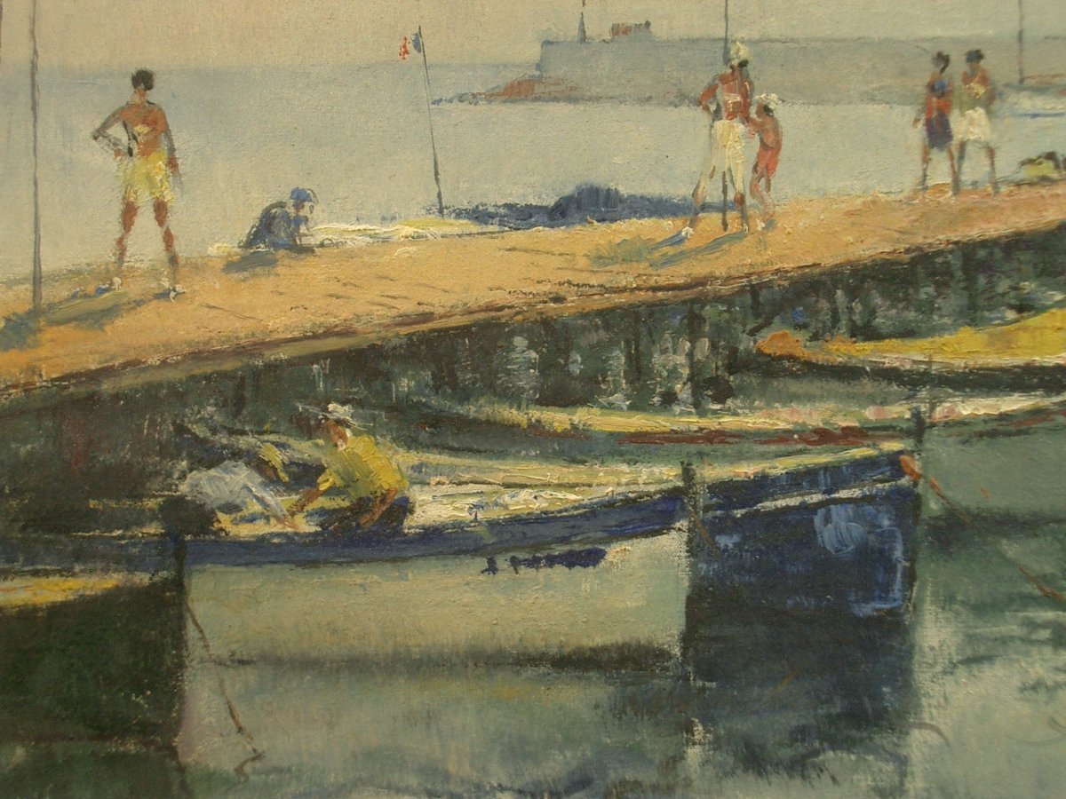 Peinture Huile Sur Toile, Port Breton Signée Georges Guinegault 1893-1983-photo-1