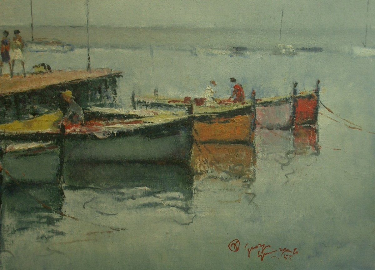 Peinture Huile Sur Toile, Port Breton Signée Georges Guinegault 1893-1983-photo-3