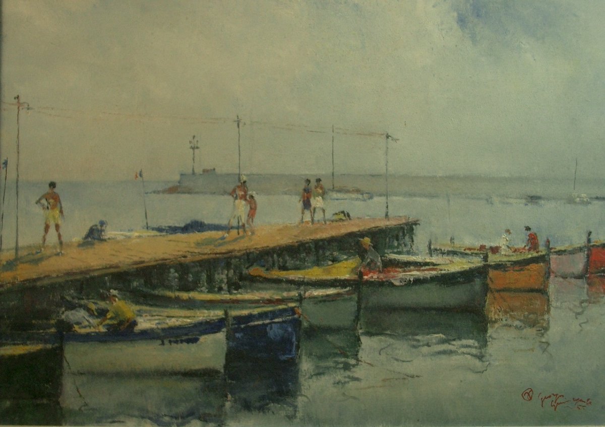 Peinture Huile Sur Toile, Port Breton Signée Georges Guinegault 1893-1983-photo-4