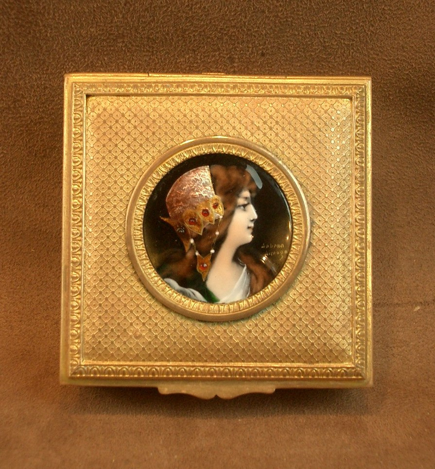 Gilt Metal Box Decorated With A Miniature Enamel On Copper Portrait Of An Art Nouveau Woman