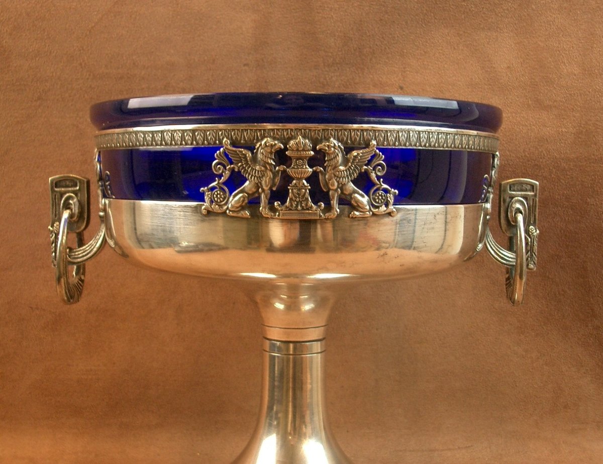Coupe centre de table en  métal argenté et verrine bleue Orfèvre Roux Marquiand -photo-2