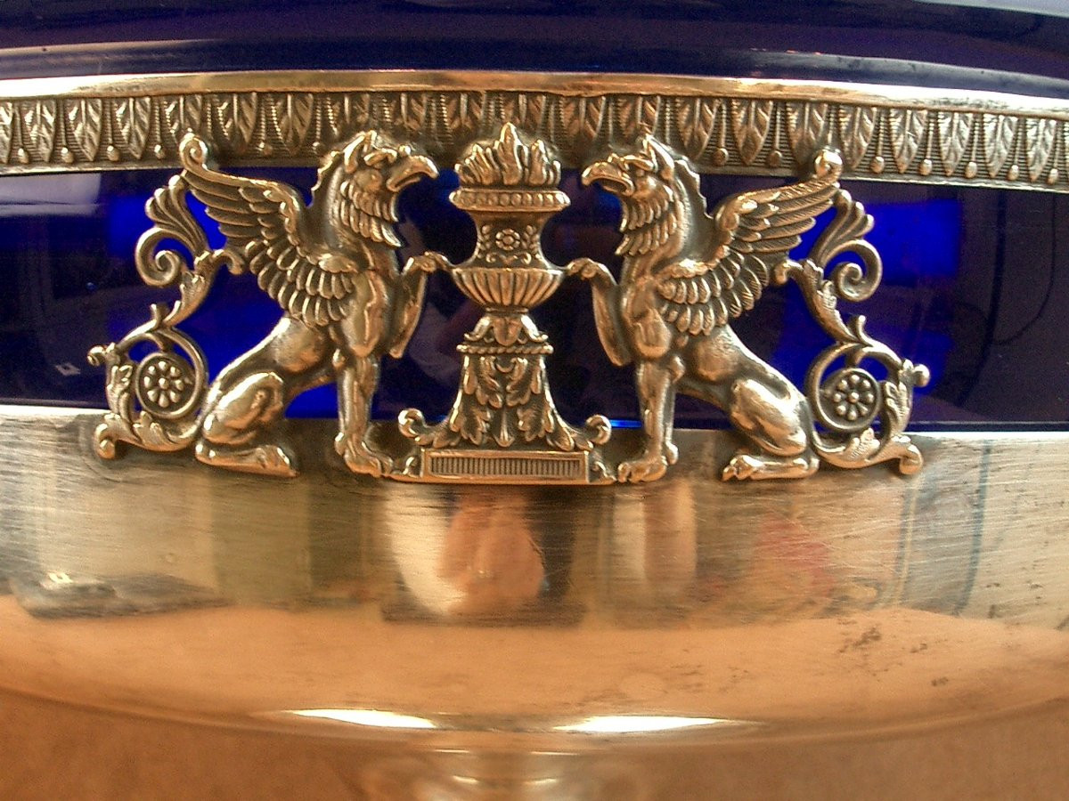 Coupe centre de table en  métal argenté et verrine bleue Orfèvre Roux Marquiand -photo-3