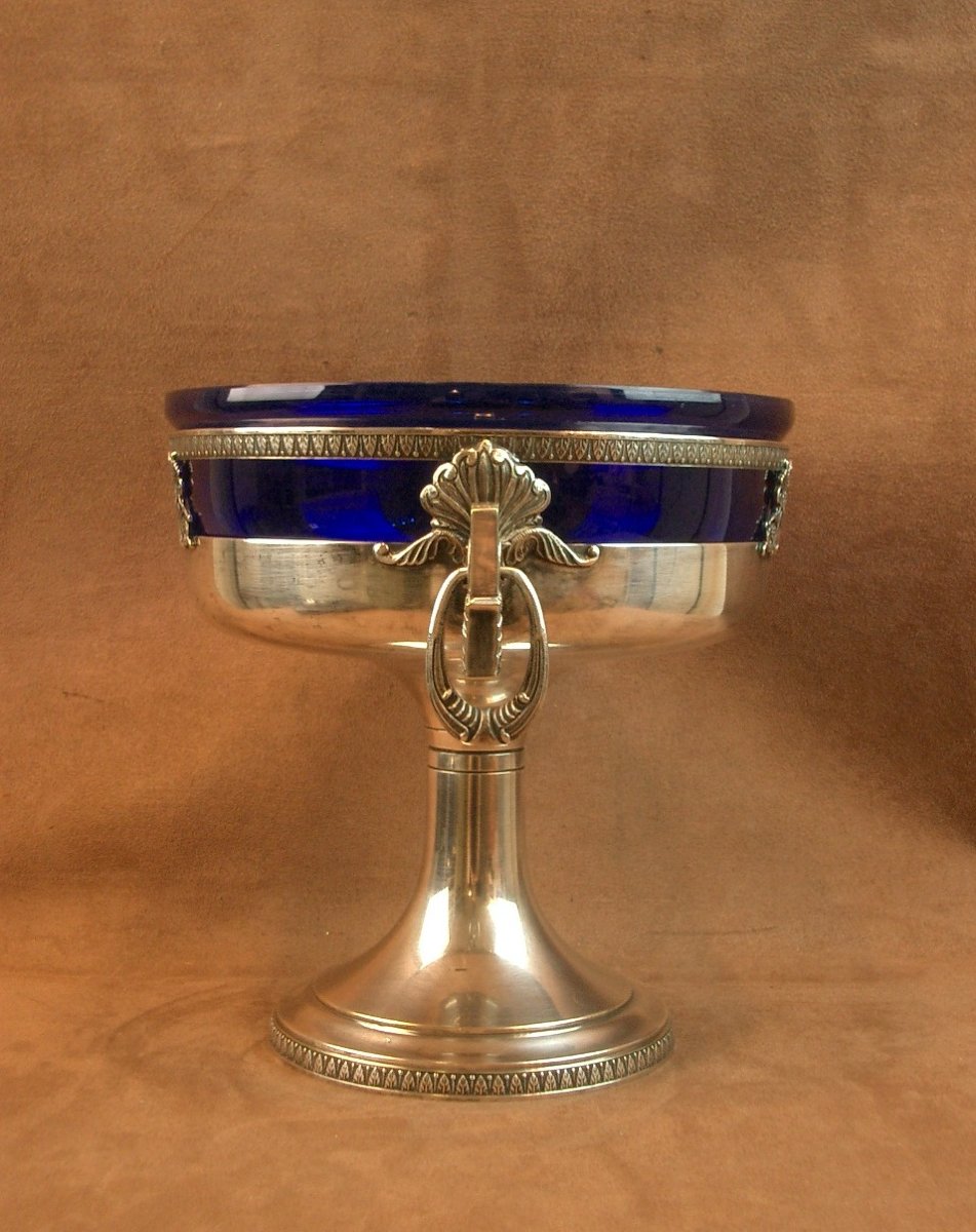 Coupe centre de table en  métal argenté et verrine bleue Orfèvre Roux Marquiand -photo-4