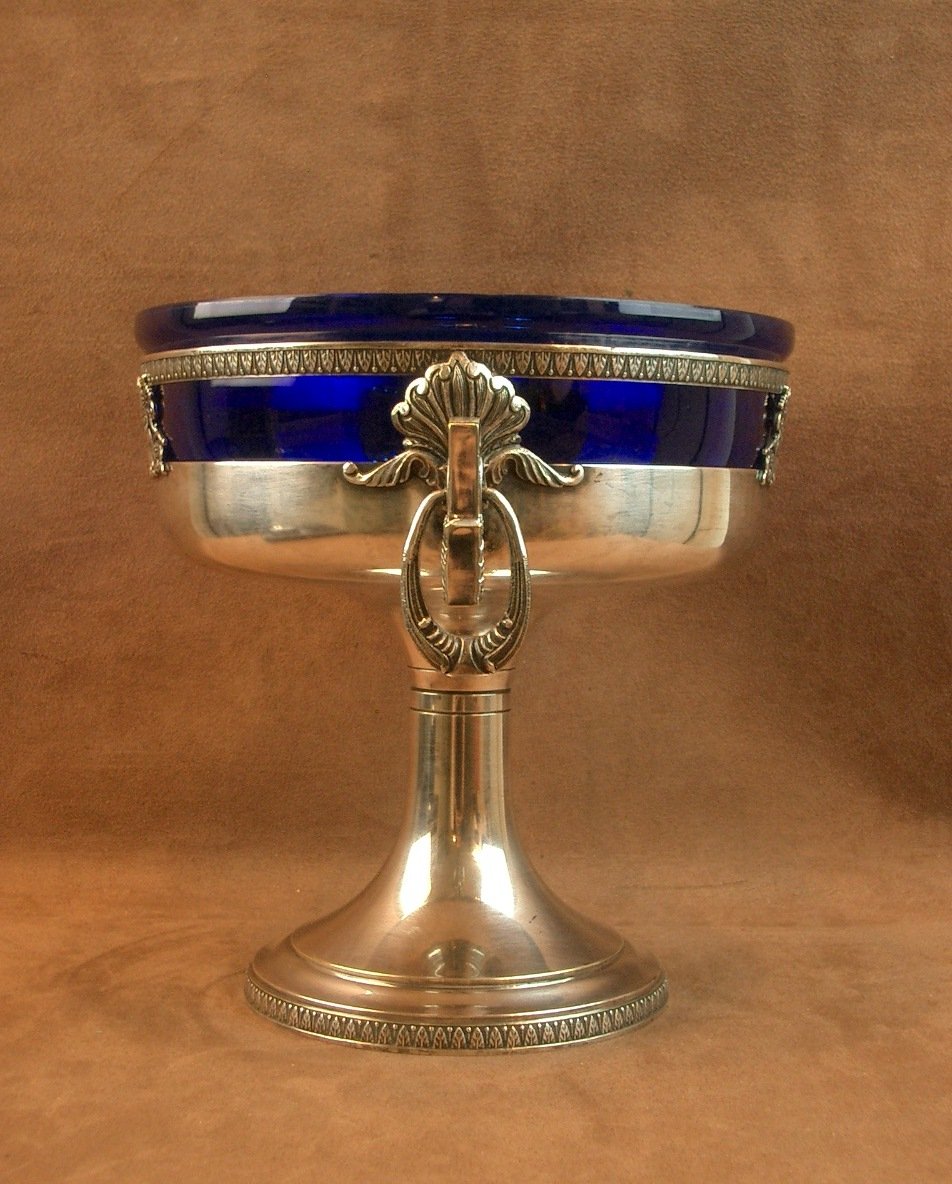 Coupe centre de table en  métal argenté et verrine bleue Orfèvre Roux Marquiand -photo-4