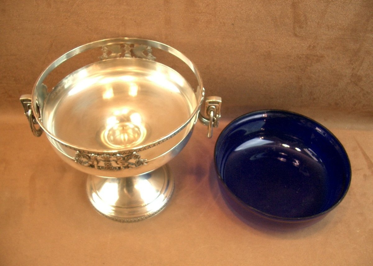 Coupe centre de table en  métal argenté et verrine bleue Orfèvre Roux Marquiand -photo-6