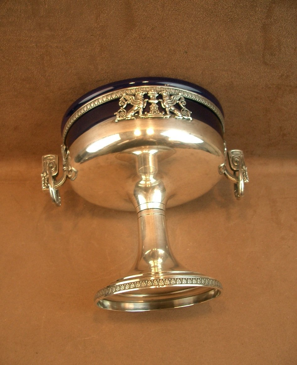 Coupe centre de table en  métal argenté et verrine bleue Orfèvre Roux Marquiand -photo-8