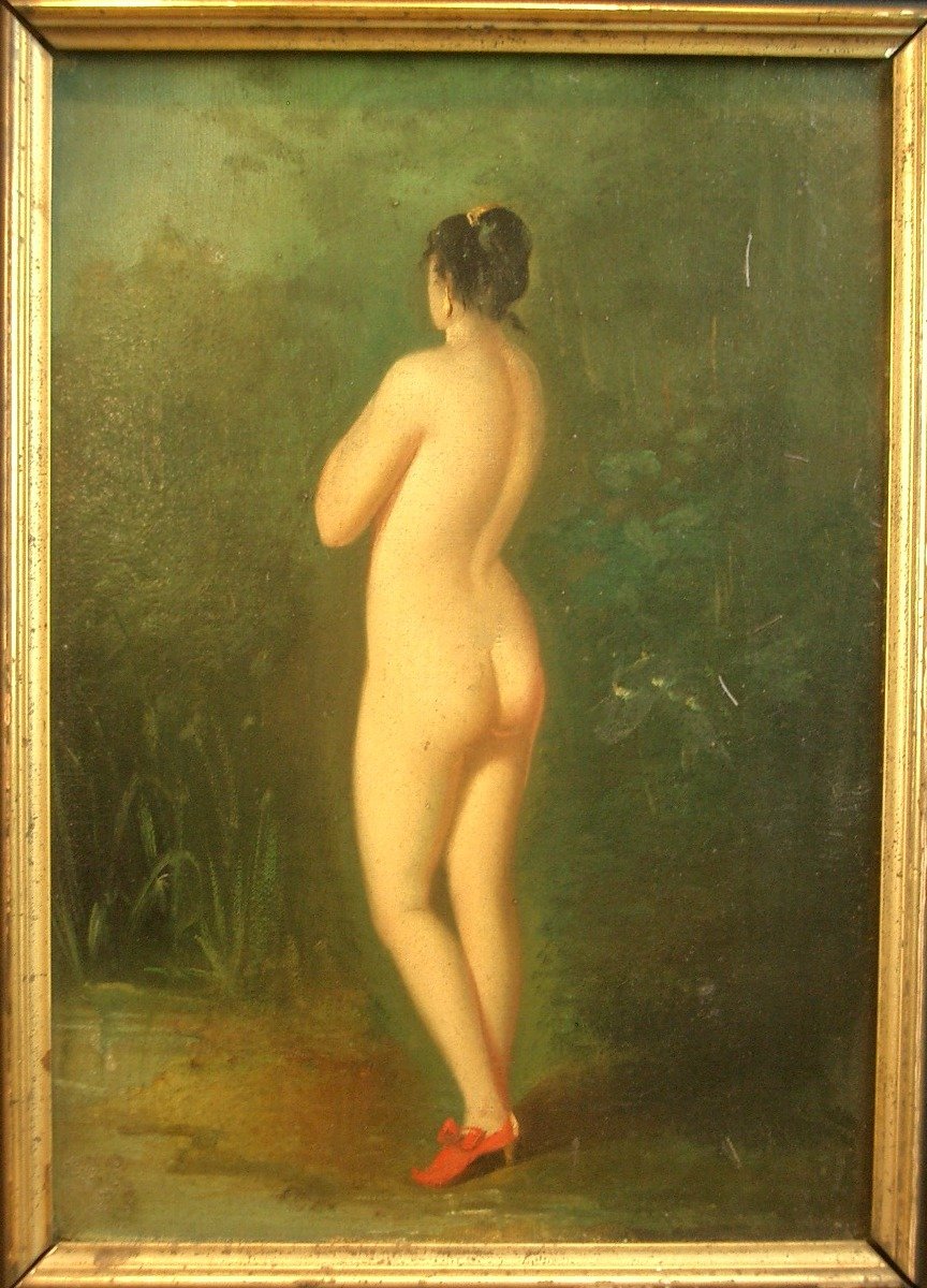 Peinture huile sur toile, nu féminin dans la nature fin du XIXe siècle -photo-2