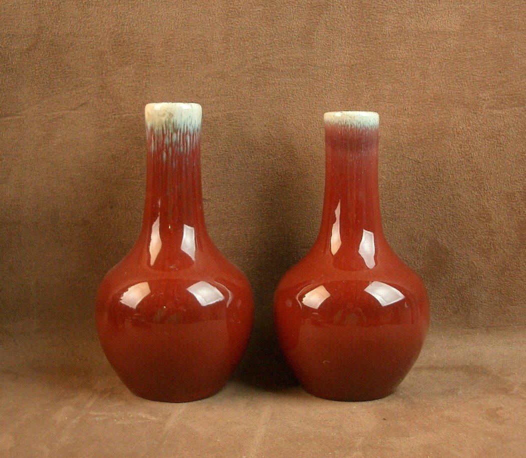 Pair Of Oxblood Red Ceramic Vases Signed Pol Chambost-photo-2