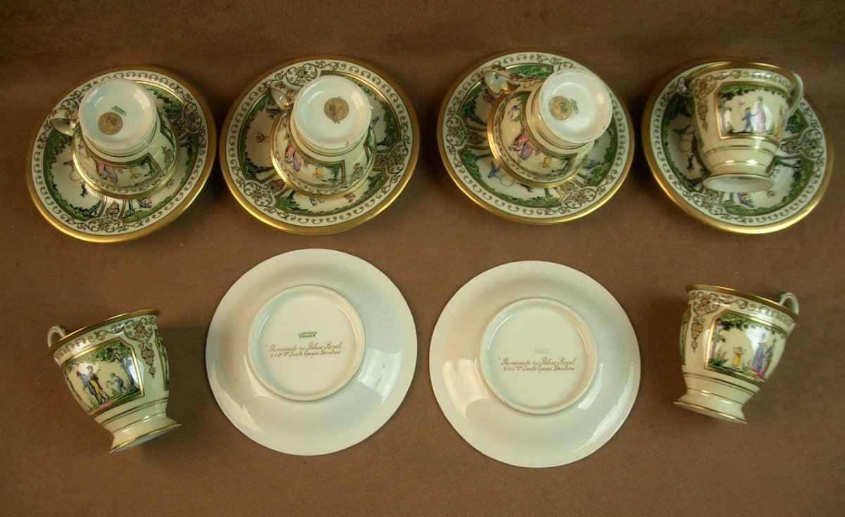 Set Of 6 Limoges Porcelain Coffee Cups, Raynaud, Promenade Au Palais Royal -photo-6