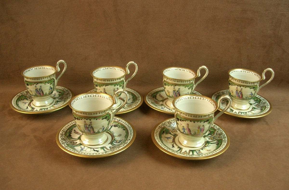 Set Of 6 Limoges Porcelain Coffee Cups, Raynaud, Promenade Au Palais Royal 