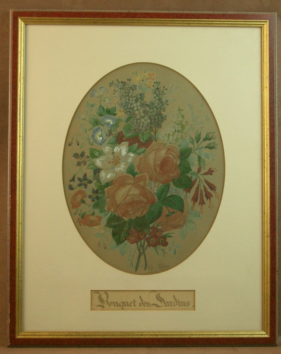 Paire d'aquarelles naturalistes du XIXe siècle , Fleurs, Bouquet des champs et des jardins-photo-2