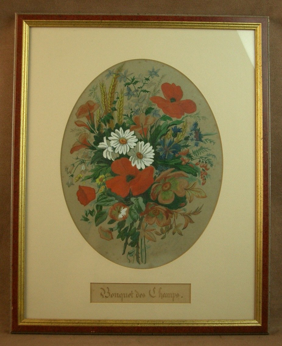 Paire d'aquarelles naturalistes du XIXe siècle , Fleurs, Bouquet des champs et des jardins-photo-3