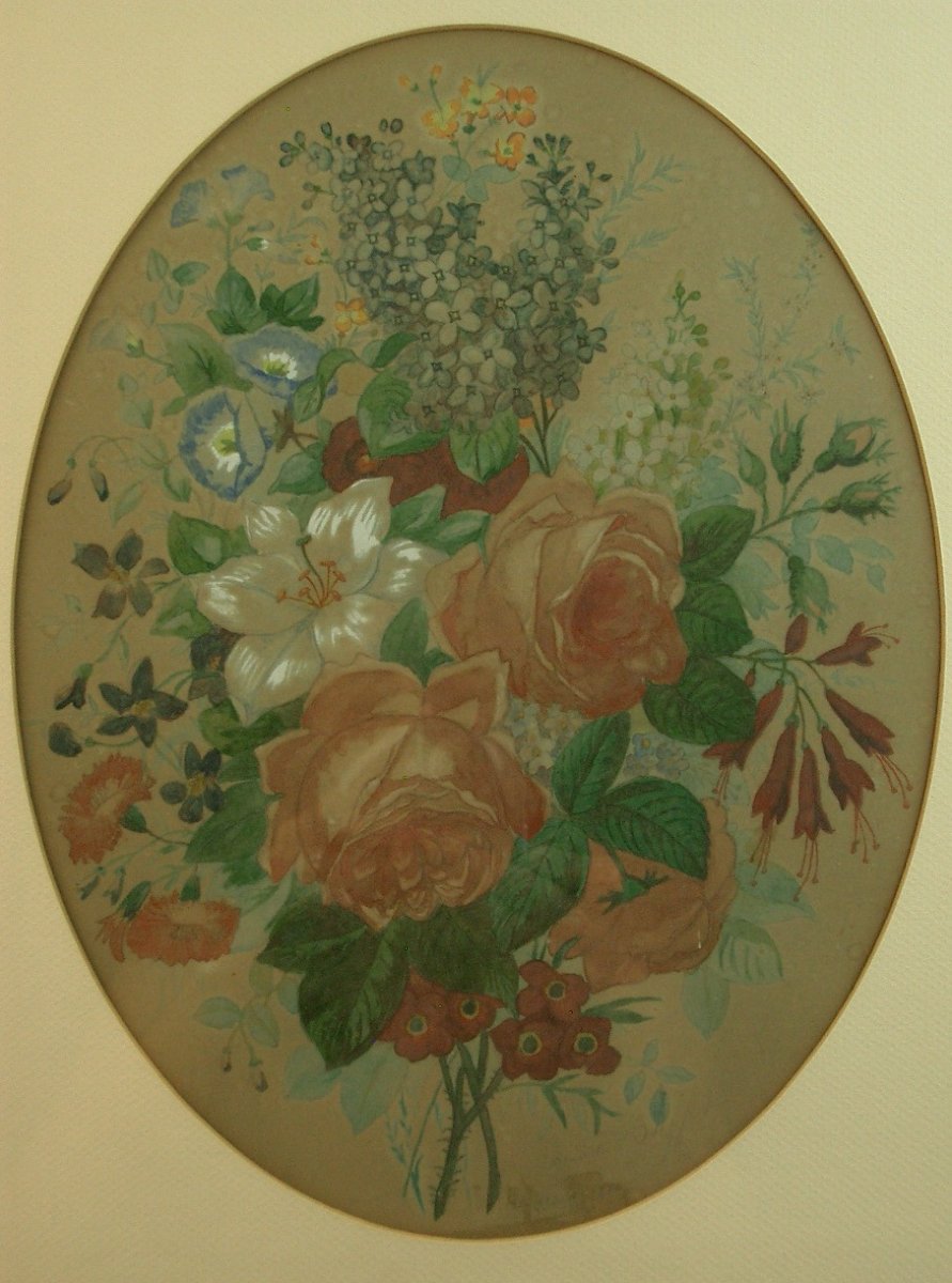 Paire d'aquarelles naturalistes du XIXe siècle , Fleurs, Bouquet des champs et des jardins-photo-1