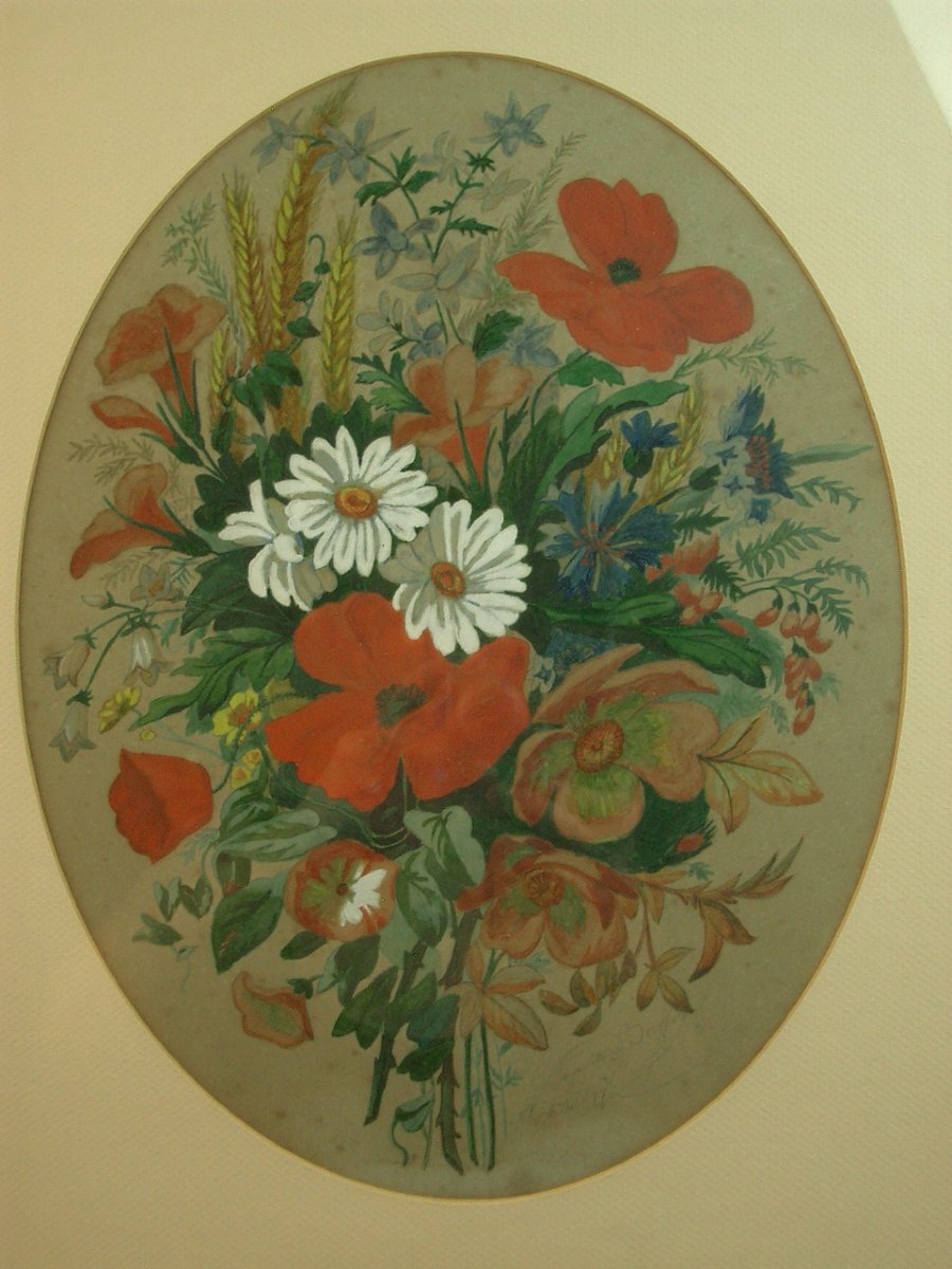 Paire d'aquarelles naturalistes du XIXe siècle , Fleurs, Bouquet des champs et des jardins-photo-5