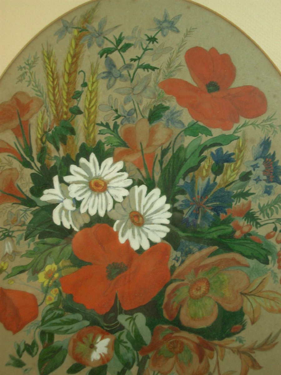 Paire d'aquarelles naturalistes du XIXe siècle , Fleurs, Bouquet des champs et des jardins-photo-7