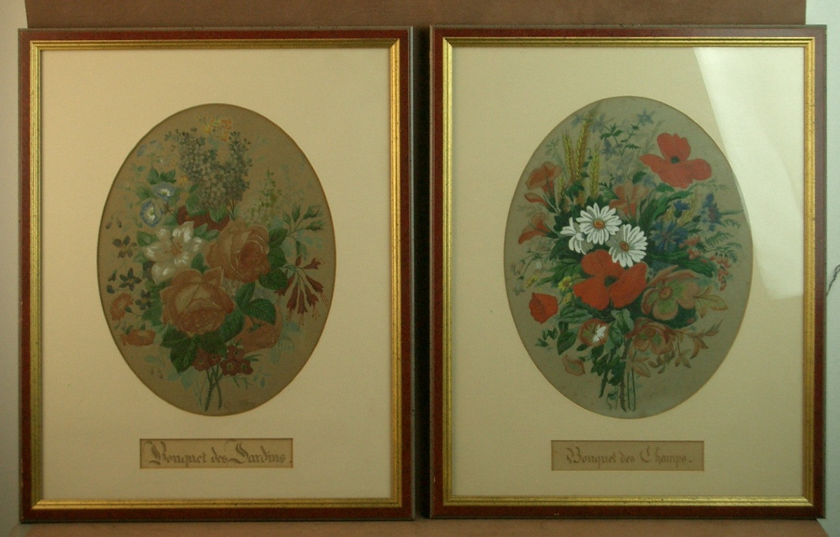 Paire d'aquarelles naturalistes du XIXe siècle , Fleurs, Bouquet des champs et des jardins