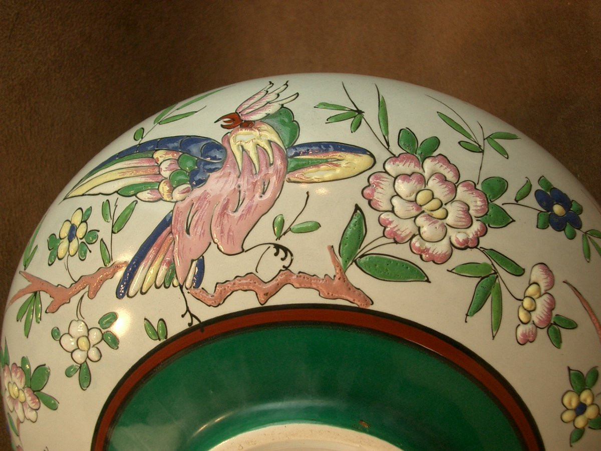 Creil Montereau Earthenware Vase Decorated With Japanese-style Enamels And Parrots, 19th Century -photo-2