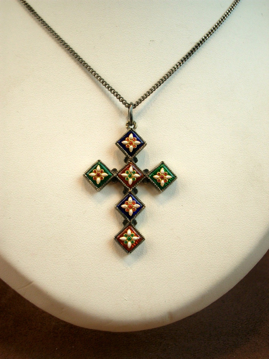 Antique Cross Pendant In Vermeil And Bresse Enamels