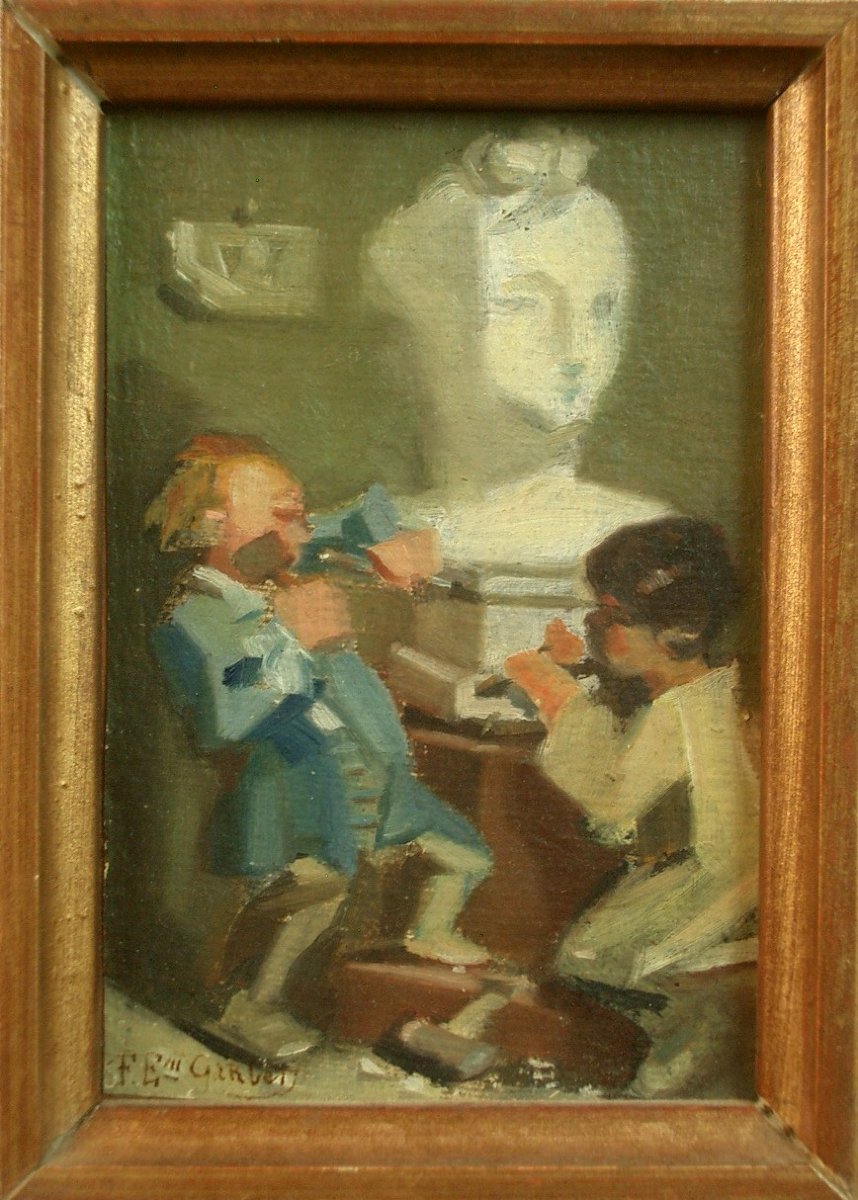 Small 19th Century Painting By Felix Emile Garbet, Sculpture Lesson-photo-2
