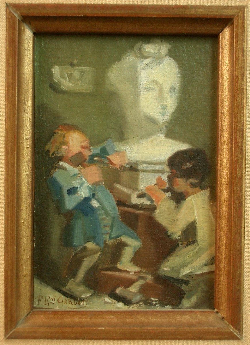 Small 19th Century Painting By Felix Emile Garbet, Sculpture Lesson-photo-3