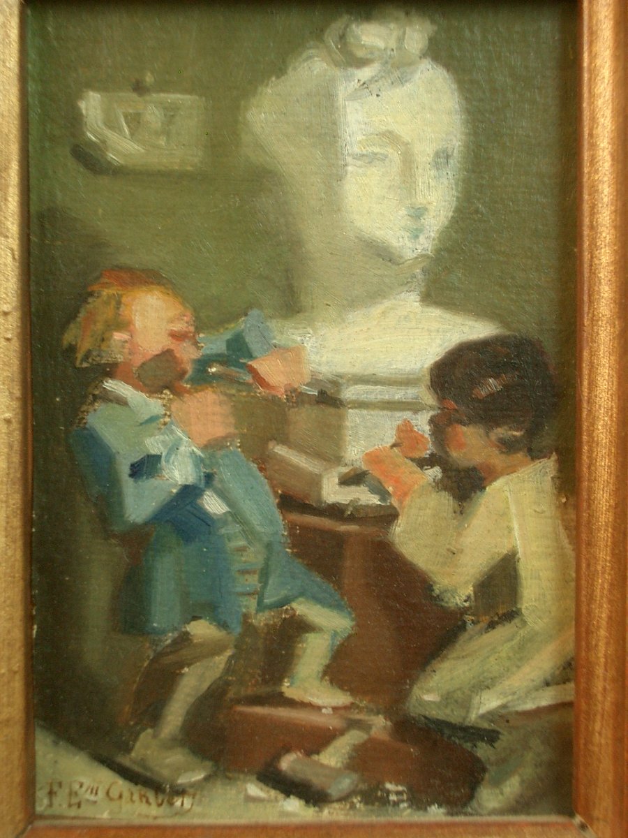 Small 19th Century Painting By Felix Emile Garbet, Sculpture Lesson-photo-4