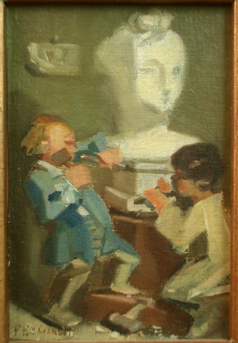 Small 19th Century Painting By Felix Emile Garbet, Sculpture Lesson-photo-1