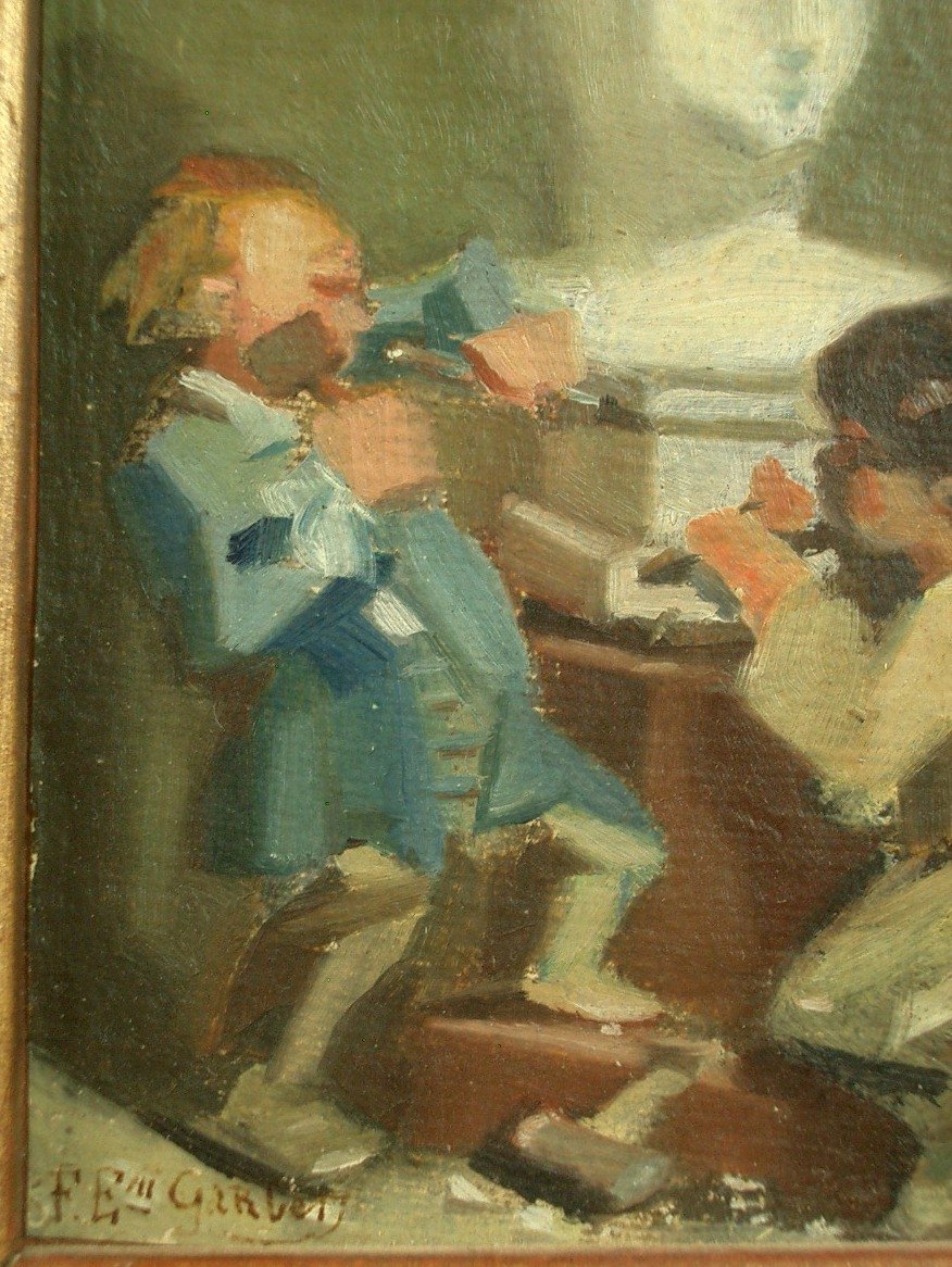 Small 19th Century Painting By Felix Emile Garbet, Sculpture Lesson-photo-2