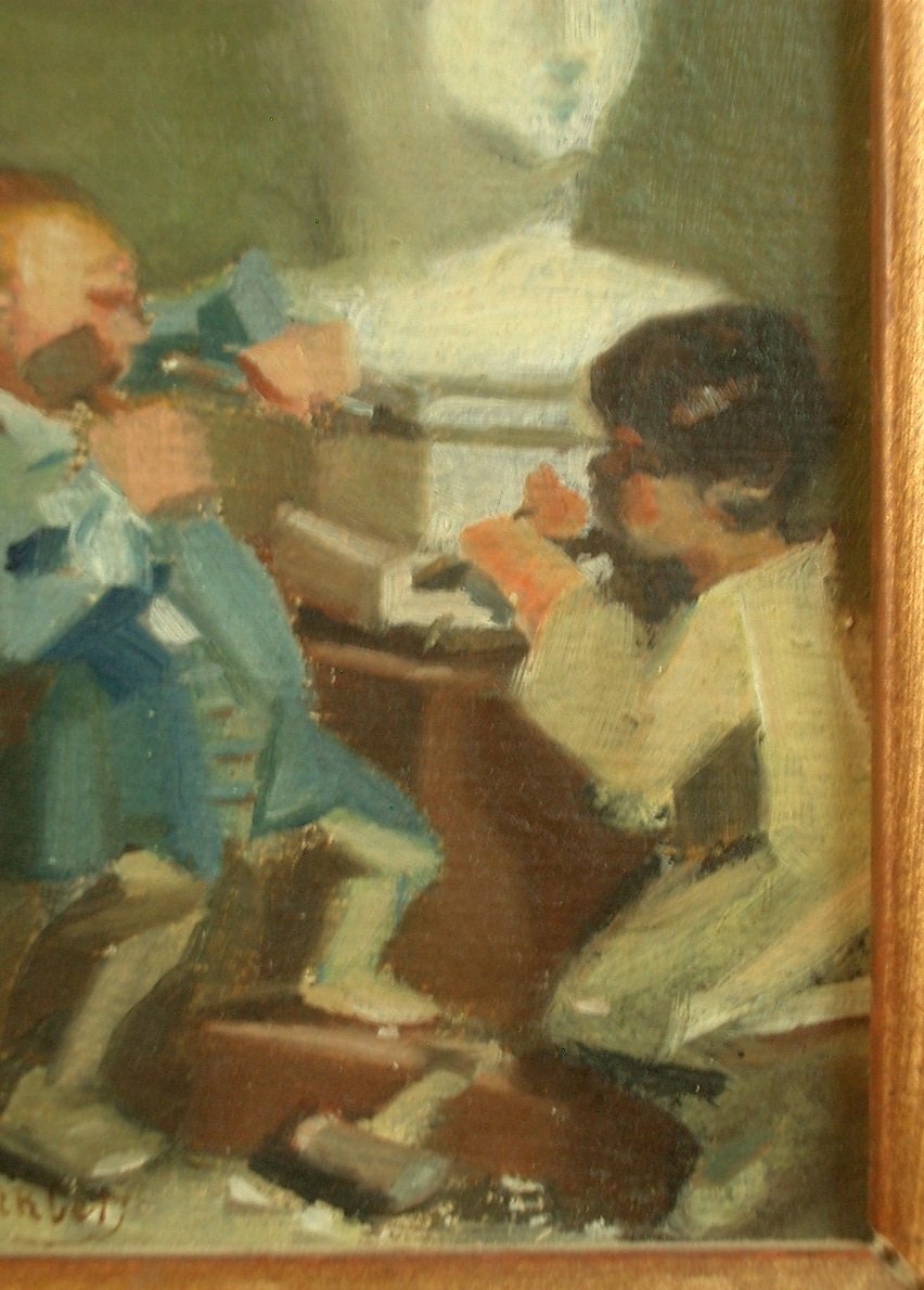 Small 19th Century Painting By Felix Emile Garbet, Sculpture Lesson-photo-3
