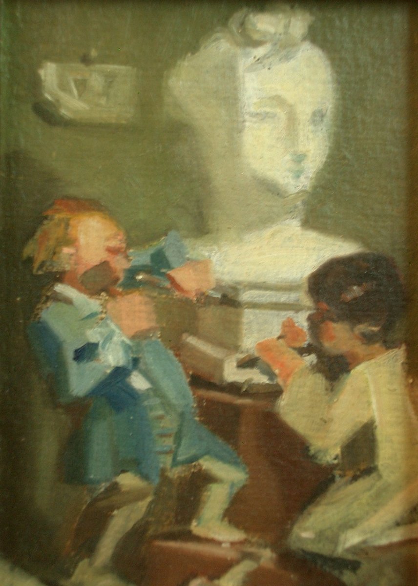 Small 19th Century Painting By Felix Emile Garbet, Sculpture Lesson-photo-4