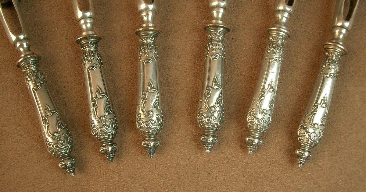 Set Of 6 Silver Chop Tong Handles Decorated With 19th Century Mascarons -photo-2