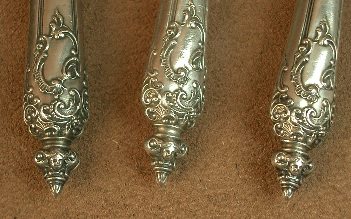 Set Of 6 Silver Chop Tong Handles Decorated With 19th Century Mascarons -photo-3