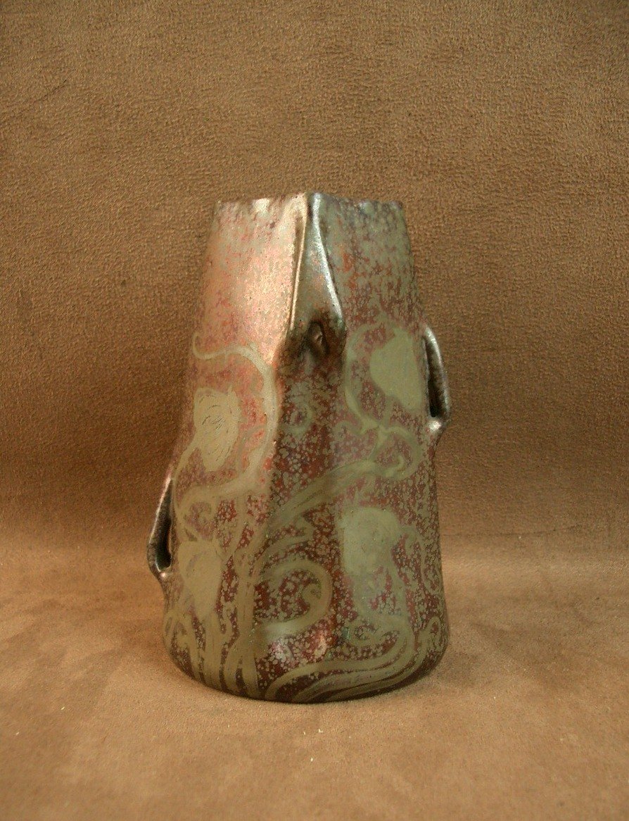 Art Nouveau Vase In Iridescent Ceramic With Thistle Decoration Golfe Juan Am Clément Massier ?-photo-4