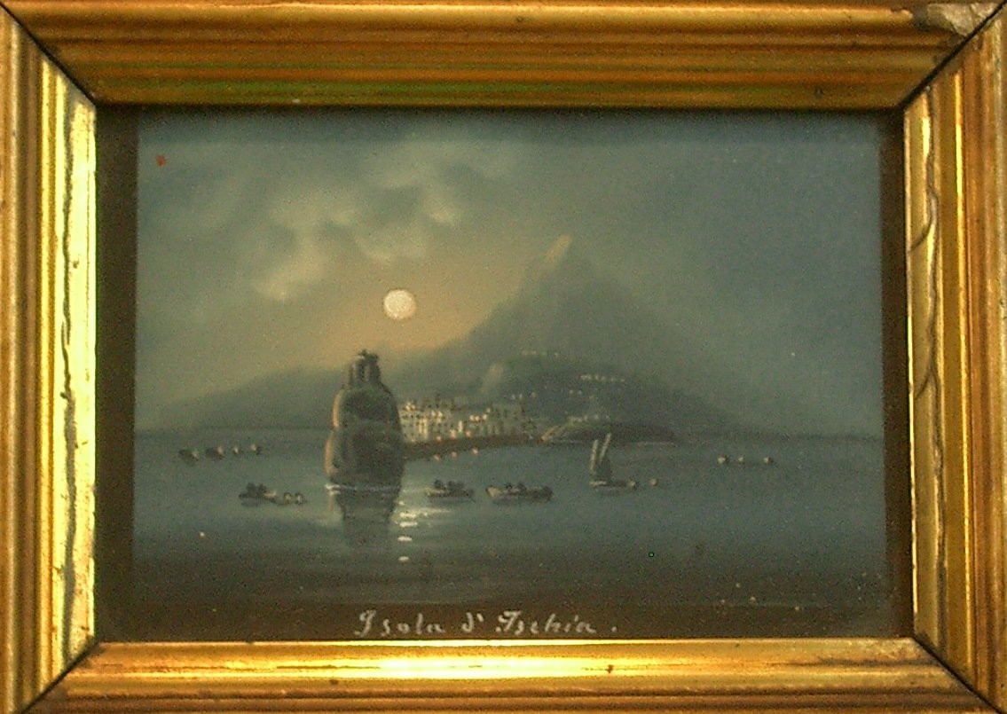 Peinture gouache Napolitaine Isola D'Ischia au crépuscule Volcan XIXe siècle-photo-3