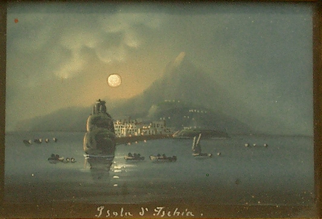 Peinture gouache Napolitaine Isola D'Ischia au crépuscule Volcan XIXe siècle-photo-4