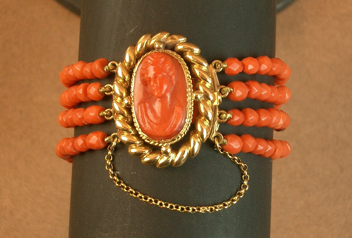 4-row Coral Bead Bracelet, 18k Gold Clasp Coral Cameo 