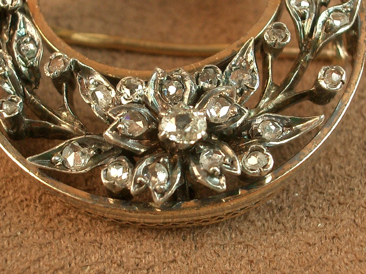 Broche Croissant de lune en or 18k, argent et diamants XIXe siècle -photo-3