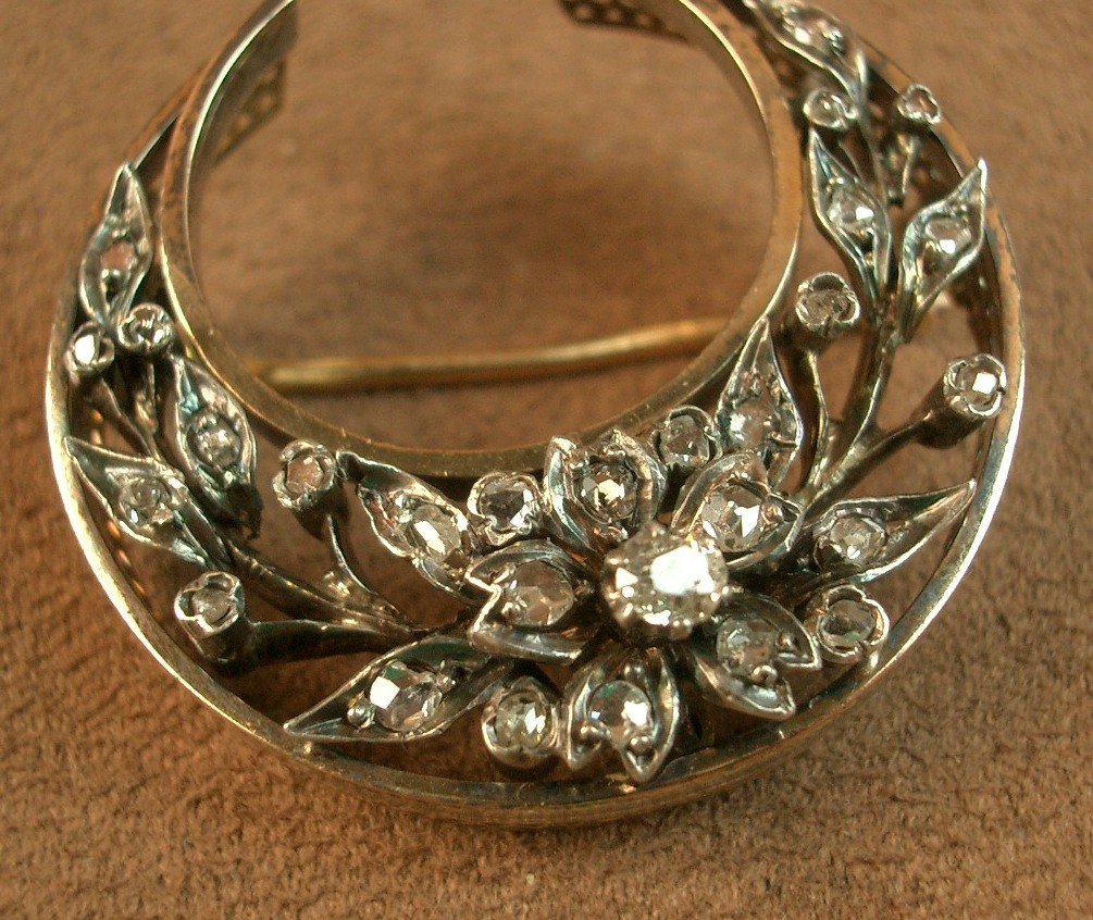 Broche Croissant de lune en or 18k, argent et diamants XIXe siècle -photo-6