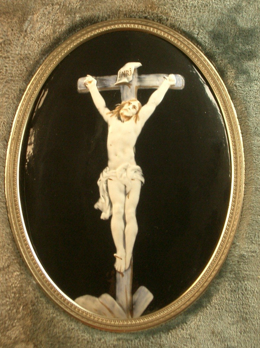 Plaque en faience de Parthenay Henri Amirault Christ en croix XIXe siècle-photo-2