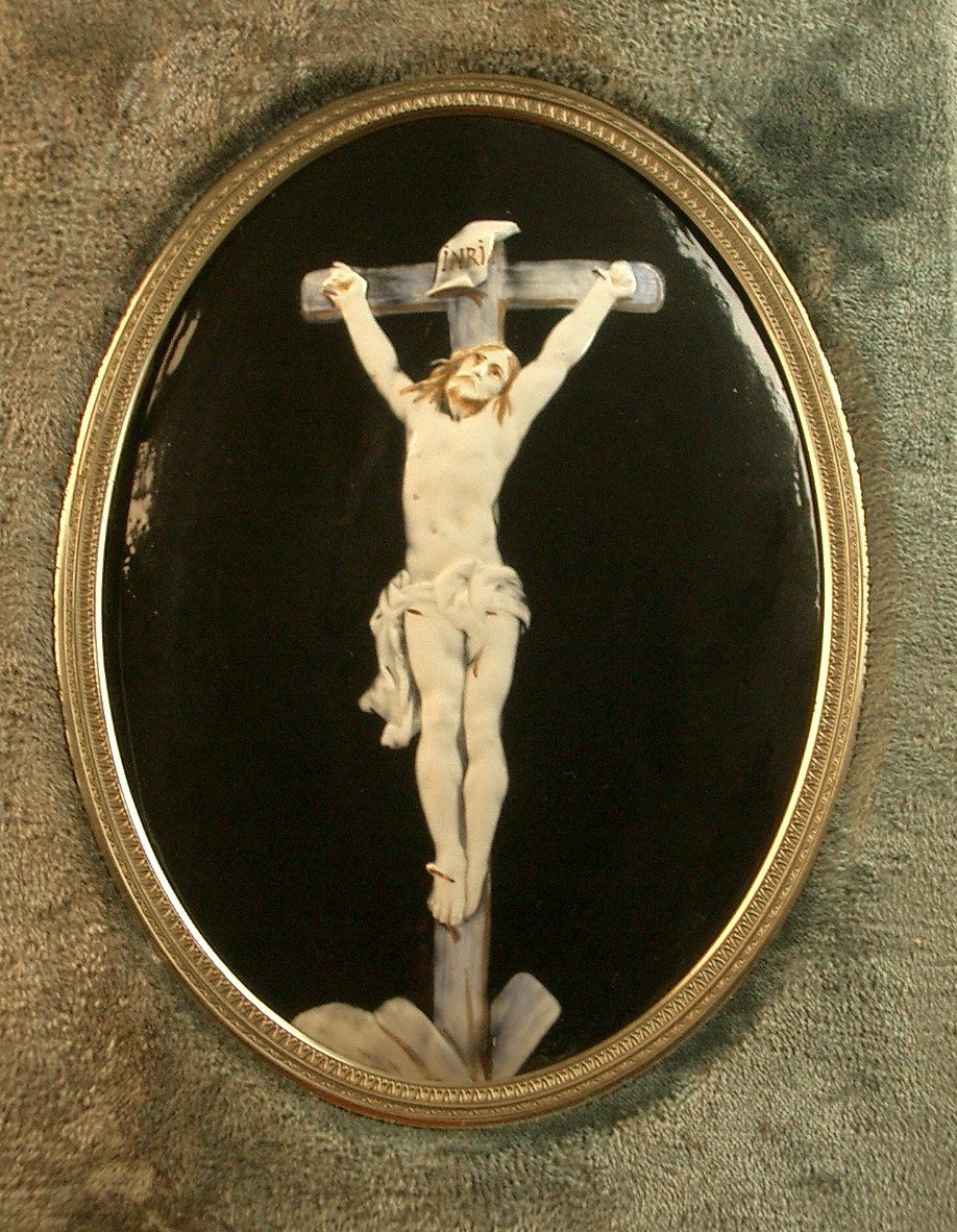 Plaque en faience de Parthenay Henri Amirault Christ en croix XIXe siècle-photo-3
