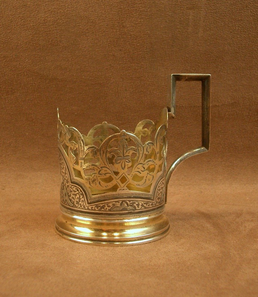 Porte Verre en argent massif niéllé et vermeil , Russie XIXe siècle-photo-2