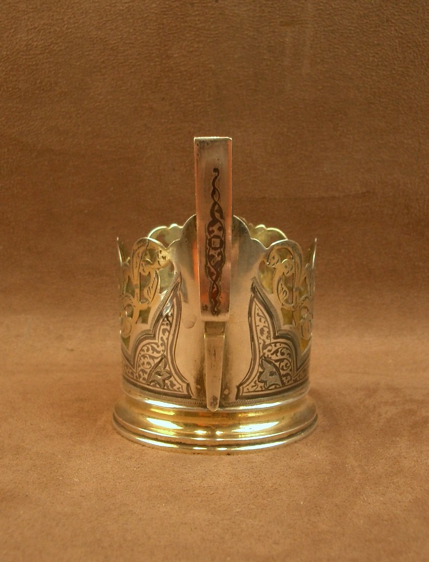 Porte Verre en argent massif niéllé et vermeil , Russie XIXe siècle-photo-3