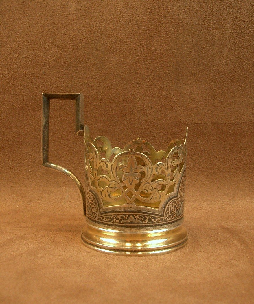 Porte Verre en argent massif niéllé et vermeil , Russie XIXe siècle-photo-4
